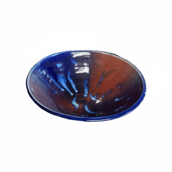 Handmade Studio Pottery Salad Bowl - 29cm Blue & Rust Glaze Large|286963477905