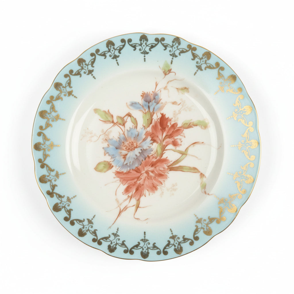Set of 6 Antique Plates Blue Border Gilt Floral I. 1545 Mark Dresden Style China|286902642663
