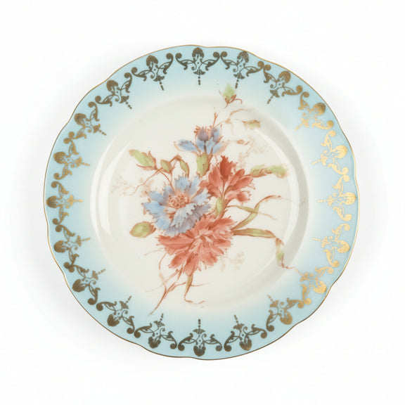 Set of 6 Antique Plates Blue Border Gilt Floral I. 1545 Mark Dresden Style China|286902642663