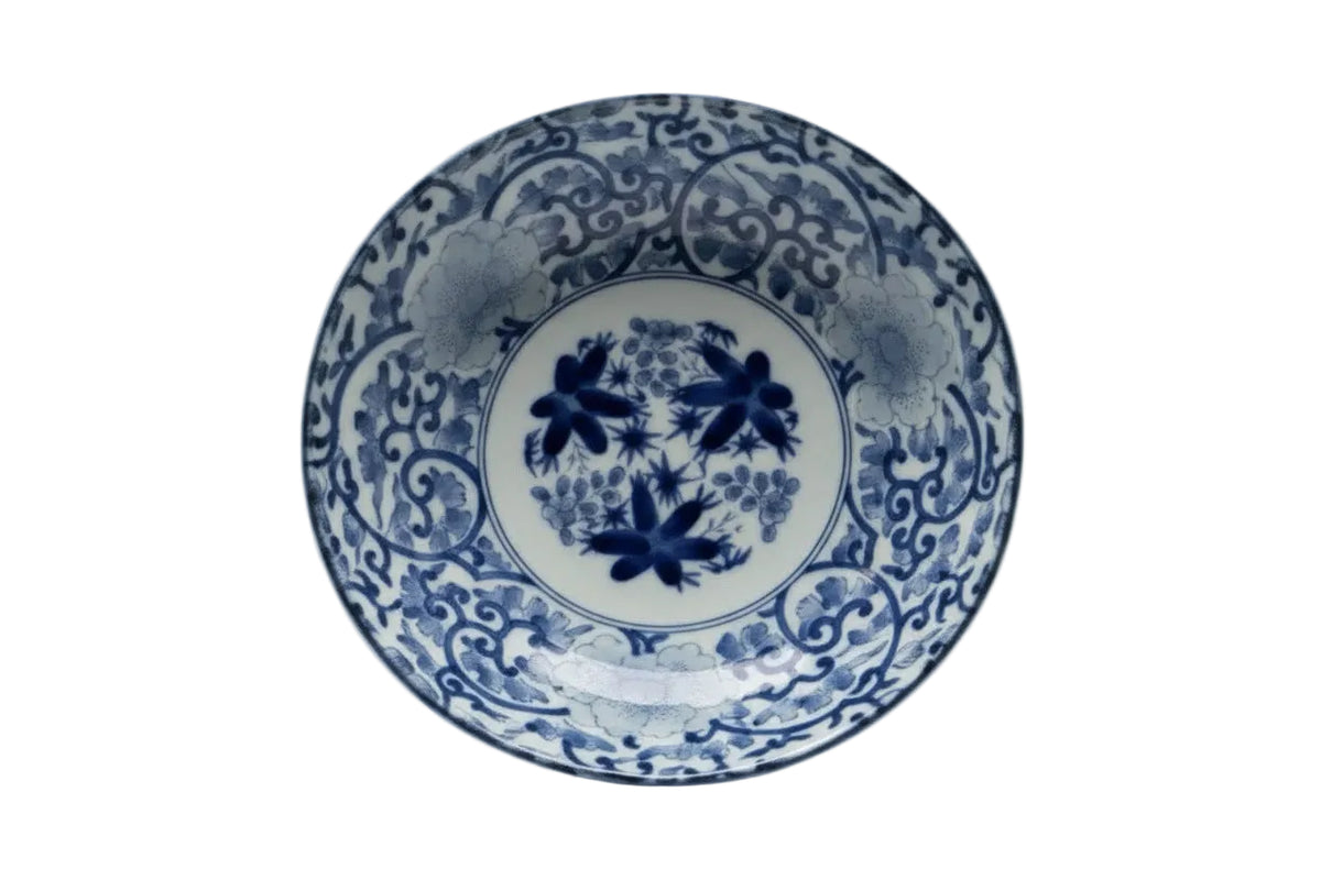 Vintage Japanese Blue & White Hand-Painted Scalloped Bowl – Floral & Vine Motif|287042977722