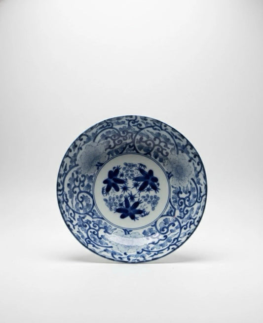 Vintage Japanese Blue & White Hand-Painted Scalloped Bowl – Floral & Vine Motif|287042977722