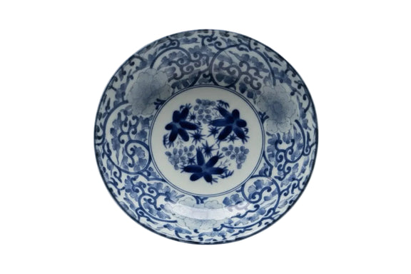 Vintage Japanese Blue & White Hand-Painted Scalloped Bowl – Floral & Vine Motif|287042977722