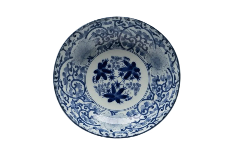 Vintage Japanese Blue & White Hand-Painted Scalloped Bowl – Floral & Vine Motif|287042977722