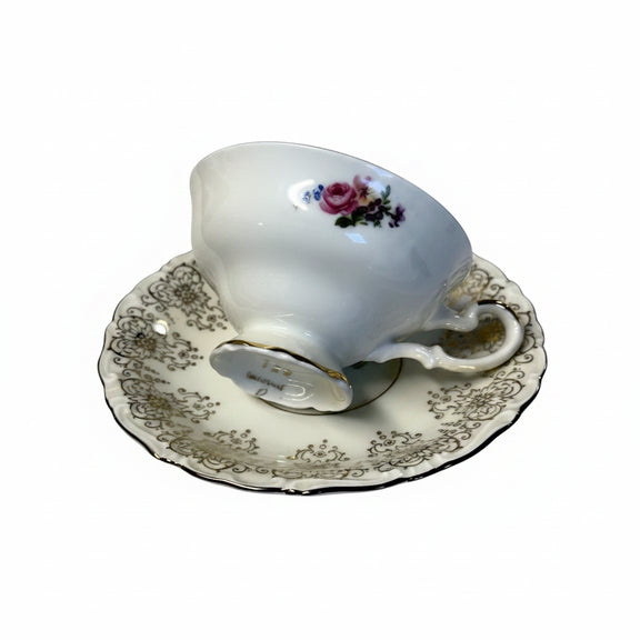 RARE Pair Vintage ALKA BAVARIA Teacups & Saucers GOLD Filigree & Rose Motif|286958192906