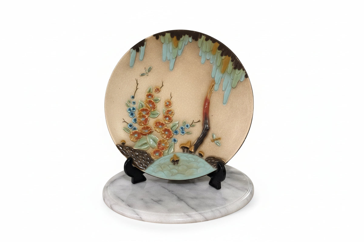 JAPANESE SATSUMA Plate Raised MORIAGE Enamel Flowers Insect Butterfly|286919478340