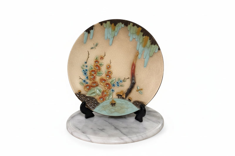 JAPANESE SATSUMA Plate Raised MORIAGE Enamel Flowers Insect Butterfly|286919478340