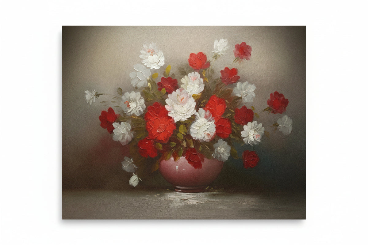 Still Life Oil Painting of Red and White Flowers in a Vase|286968477187