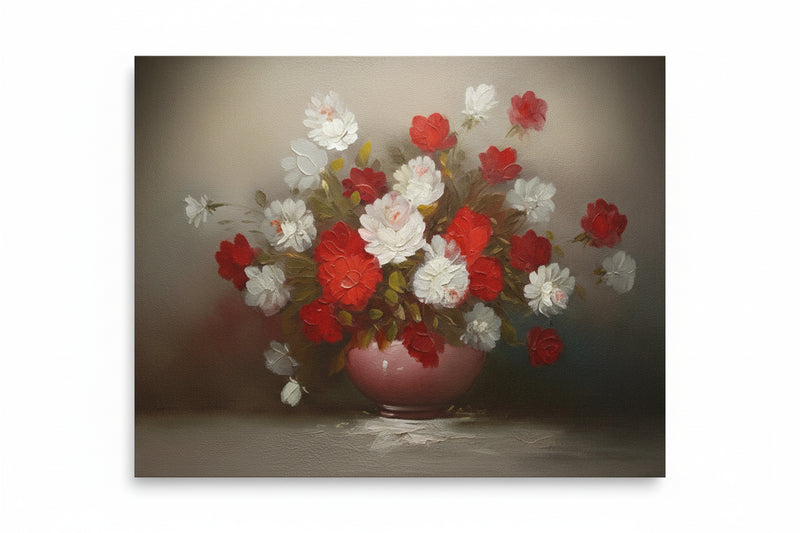 Still Life Oil Painting of Red and White Flowers in a Vase|286968477187