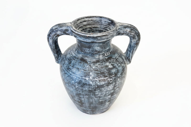 Heavy Terracotta Amphora Style Floor Vase - Blue & White Distressed Finish|286985649892
