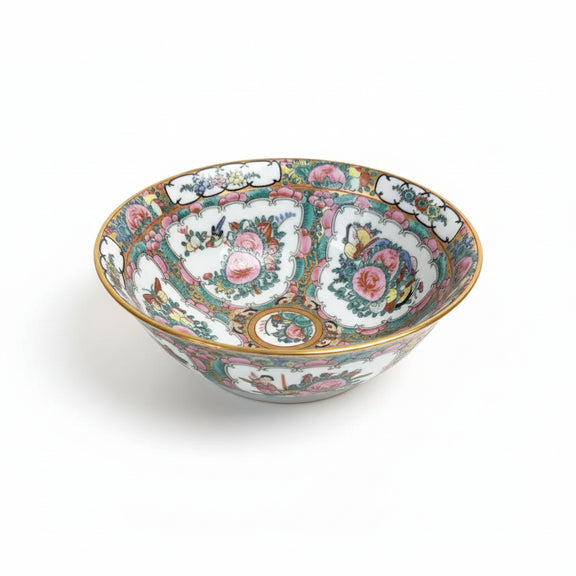 Chinese Export Rose Medallion Porcelain Rice Bowl Hand Painted Gilt Trim|286939877381