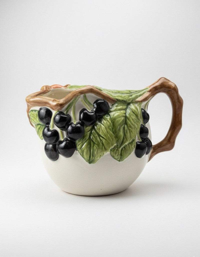 Vintage Majolica Style Pitcher - Hand Painted Cherry & Blackberry Relief|287116234322