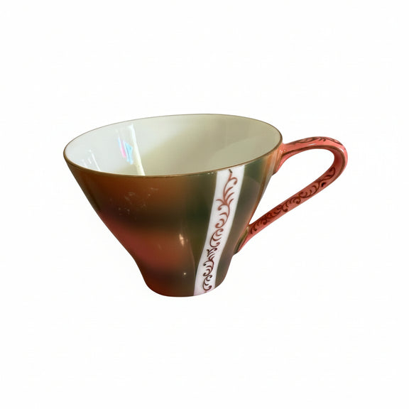 Mid-century Fine China Japan tennis set in orange with green stripes.|286882006043