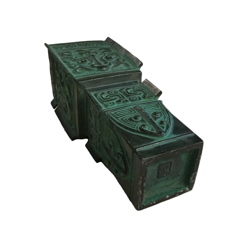 Bronze-Style Archaic Chinese Ritual Vessel | Taotie Mask Decor | Antique Green|286939528162