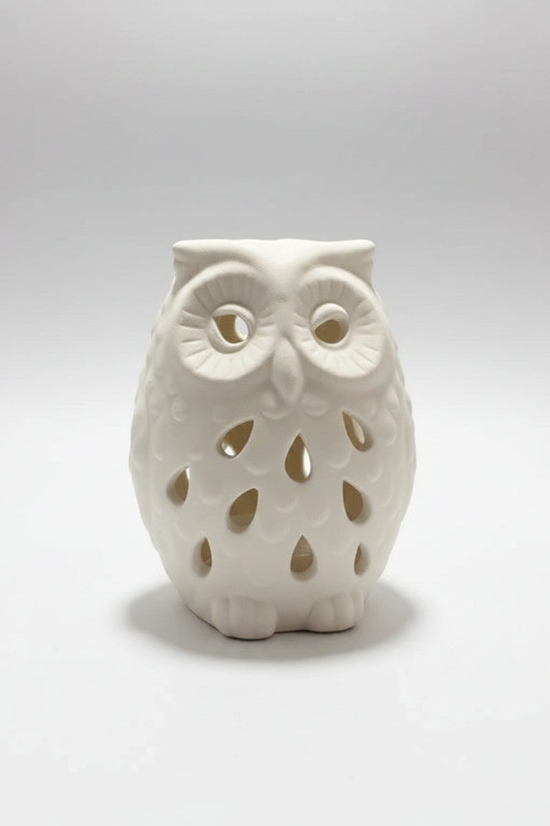 Vintage White Bisque Ceramic Owl Tea Light Holder - Pierced Porcelain Votive|287132157889