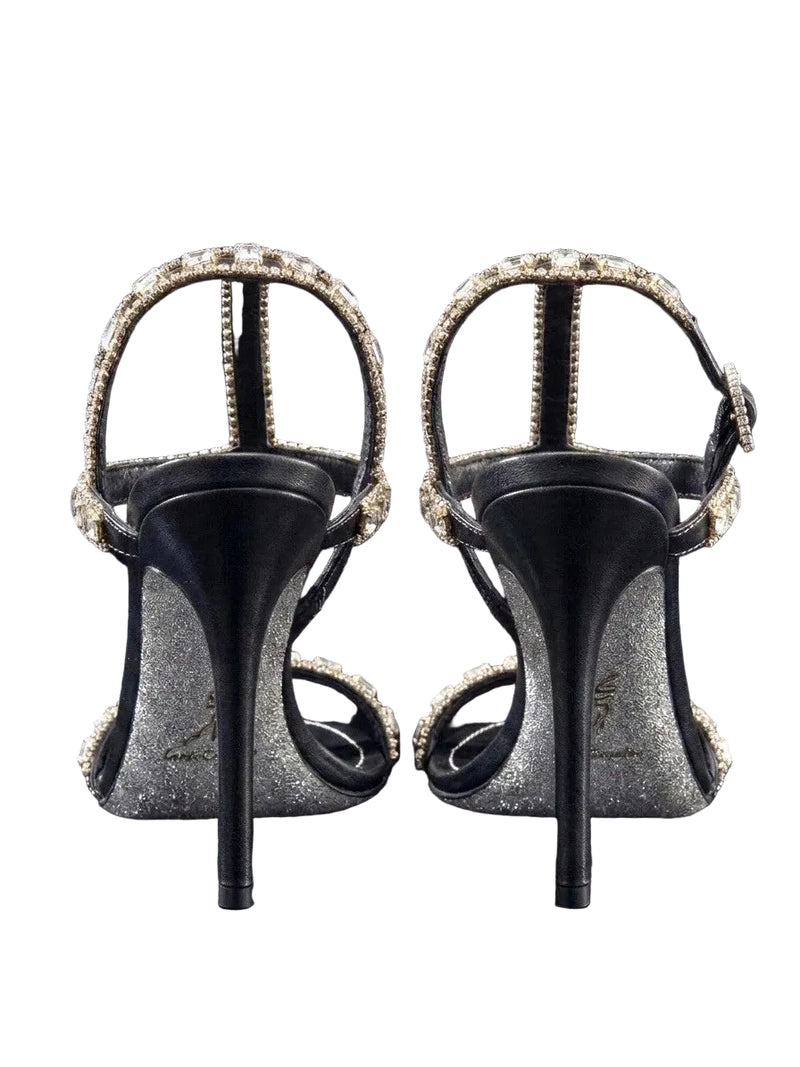 René Caovilla Crystal Embellished Black Satin T-Strap Sandals Heels|287219453199