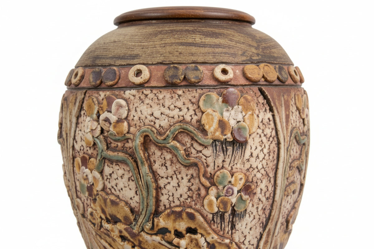 Huge Vintage Studio Pottery Vase 16" - Textured Relief Tree Landscape - Wavy Rim|286964692927