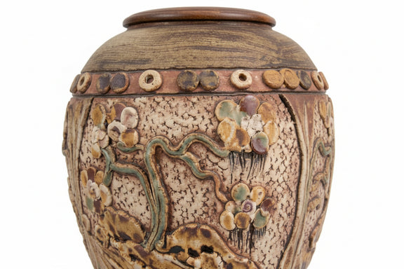 Huge Vintage Studio Pottery Vase 16" - Textured Relief Tree Landscape - Wavy Rim|286964692927