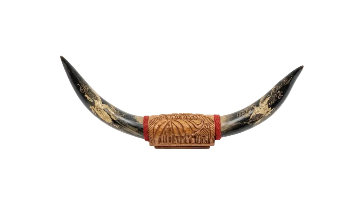 Vintage Hand-Carved Water Buffalo Horn Sculpture - Gold Dragon Etched - Folk Art|287263589202