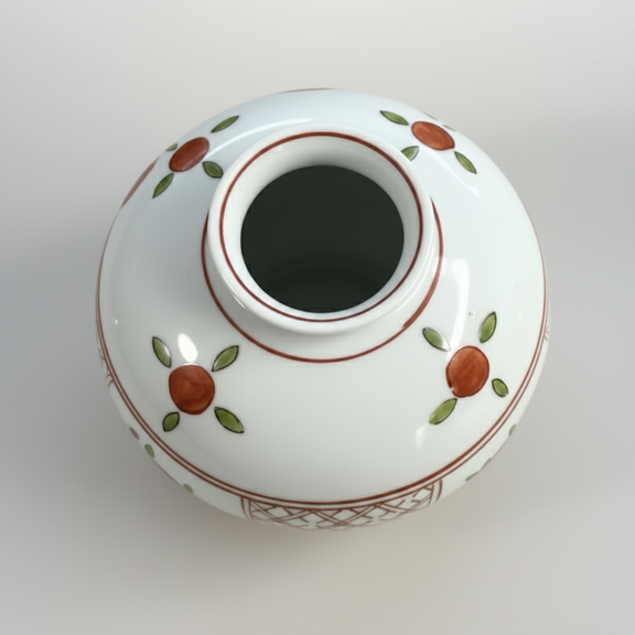 Vintage Japanese Porcelain Bud Vase - Hand Painted Red Floral Lattice|286964328741