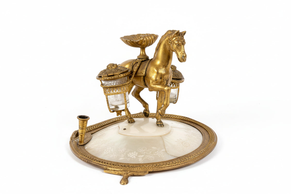 Antique Victorian Brass Horse Inkwell Desk Set Mother of Pearl|286845846987