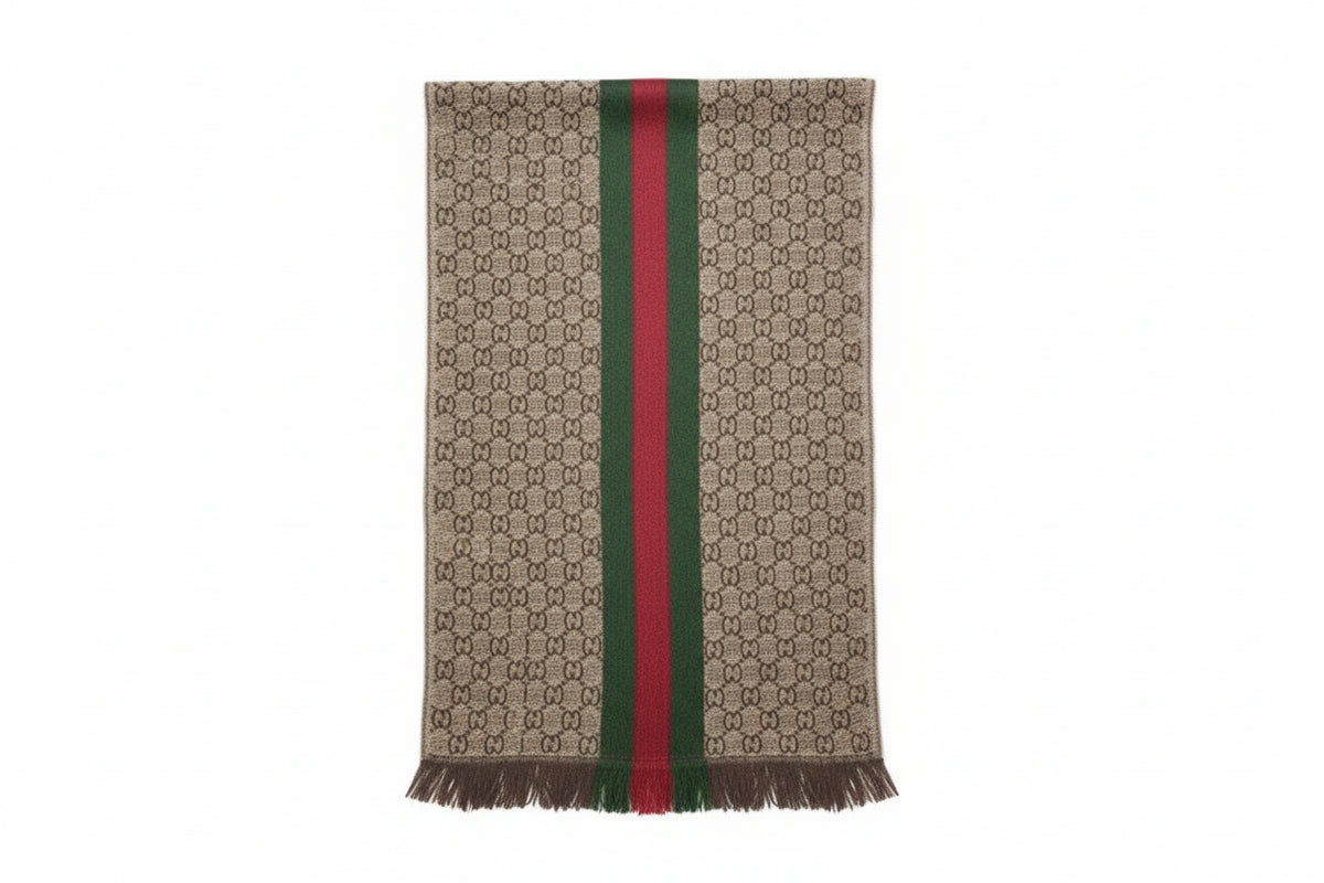 Gucci GG Jacquard Silk Wool Shawl with Iconic Red/Green Web Stripe|286998561455