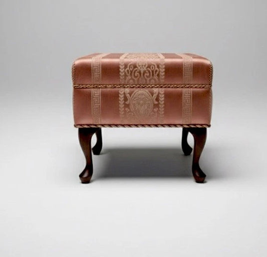 Vintage Queen Anne Style Ottoman Footstool Salmon Pink Classical Greek Key Motif|286961136952