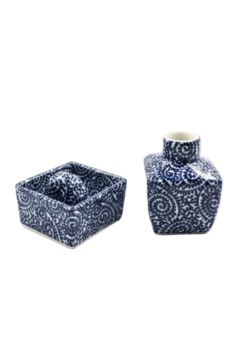 Vintage Japanese Arita Binzen Porcelain Inkwell & Tray Set, Blue & White Tako|286917112021