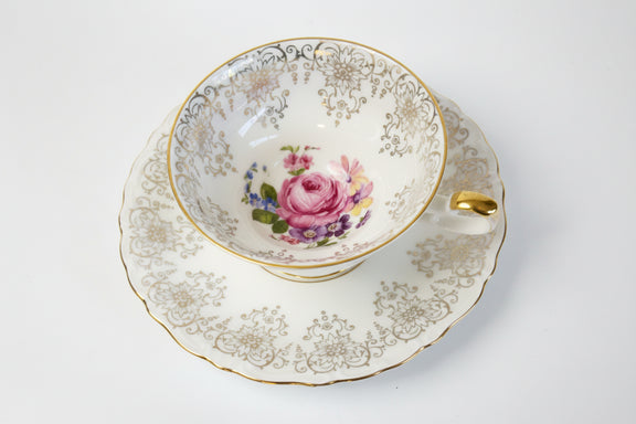 Vintage ALKA BAVARIA Teacup & Saucer Set - Gold Filigree & Rose|286920195992