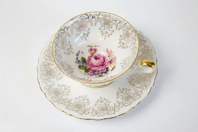 Vintage ALKA BAVARIA Teacup & Saucer Set - Gold Filigree & Rose|286920195992