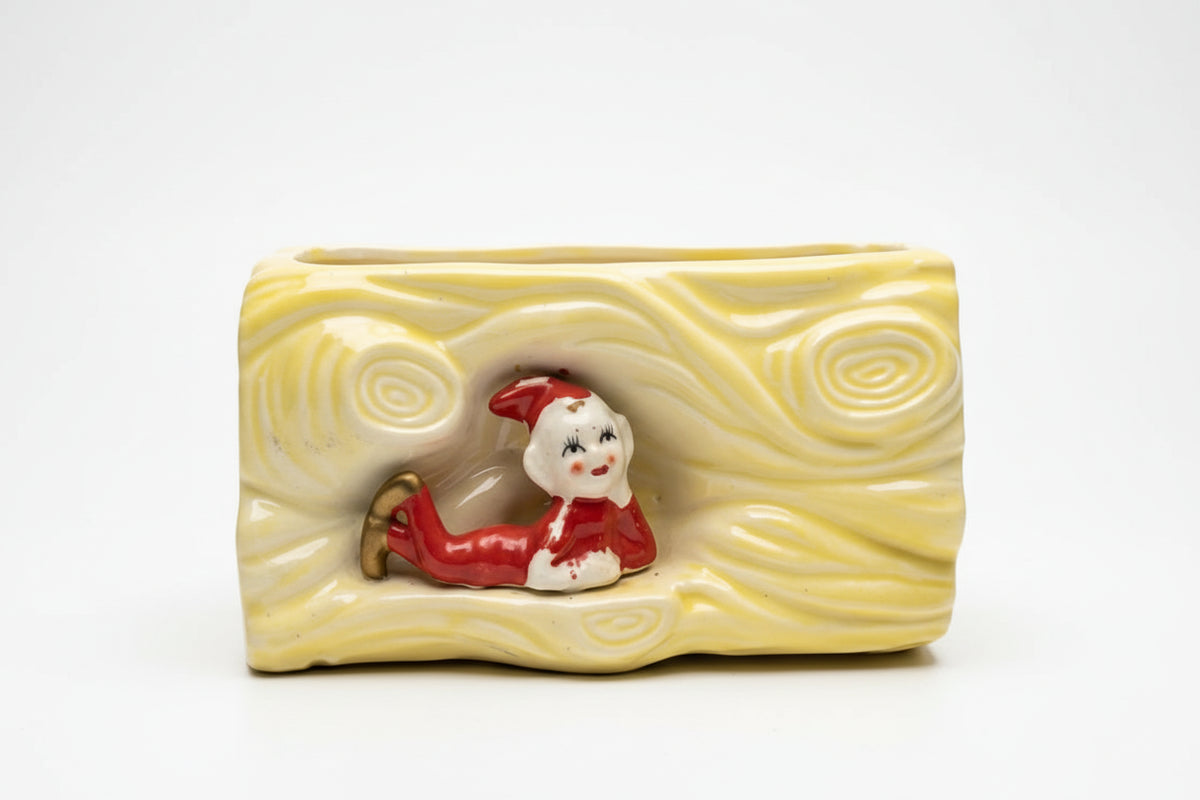 Vintage Pixie Elf Log Planter- Yellow Ceramic Woodland Figurine 1950s Kitsch|286880478094