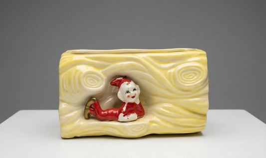 Vintage Pixie Elf Log Planter- Yellow Ceramic Woodland Figurine 1950s Kitsch|286880478094
