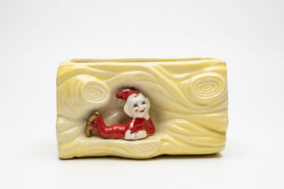 Vintage Pixie Elf Log Planter- Yellow Ceramic Woodland Figurine 1950s Kitsch|286880478094