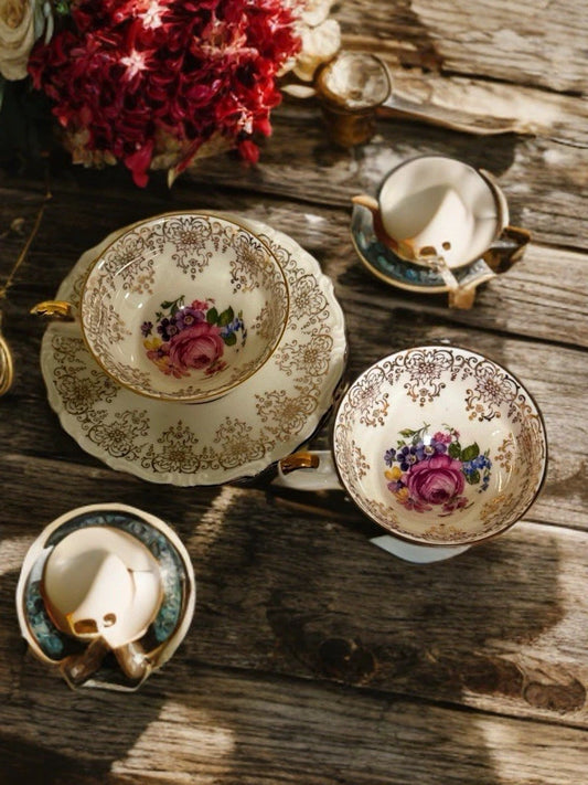 RARE Pair Vintage ALKA BAVARIA Teacups & Saucers GOLD Filigree & Rose Motif|286958192906