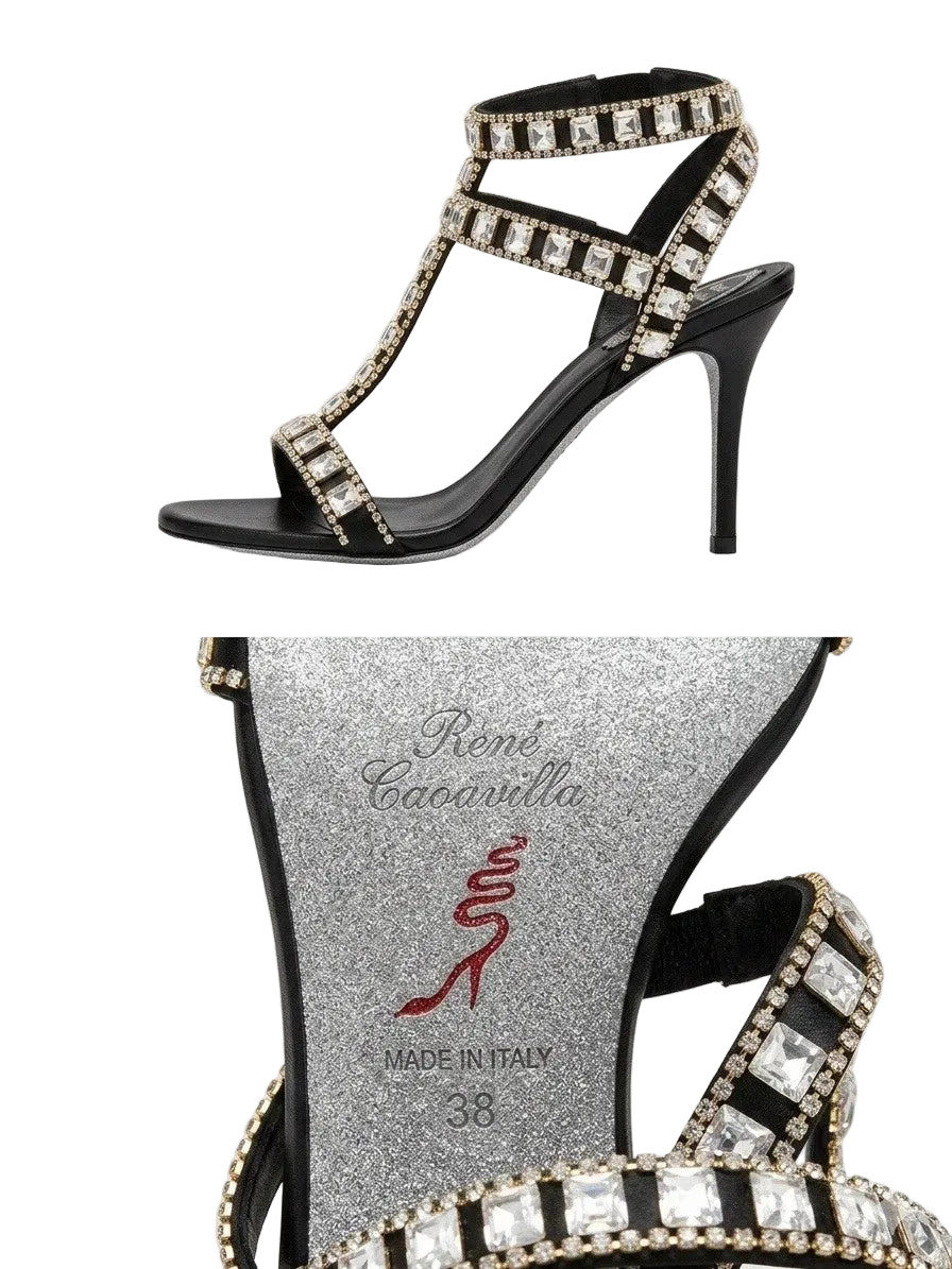 René Caovilla Crystal Embellished Black Satin T-Strap Sandals Heels|287219453199