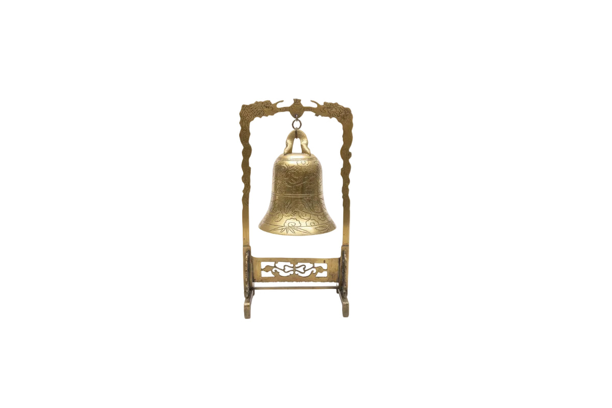 Vintage Brass Dragon Bell on Stand Ornate Asian Tabletop Gong Etched Feng Shui|286945807653
