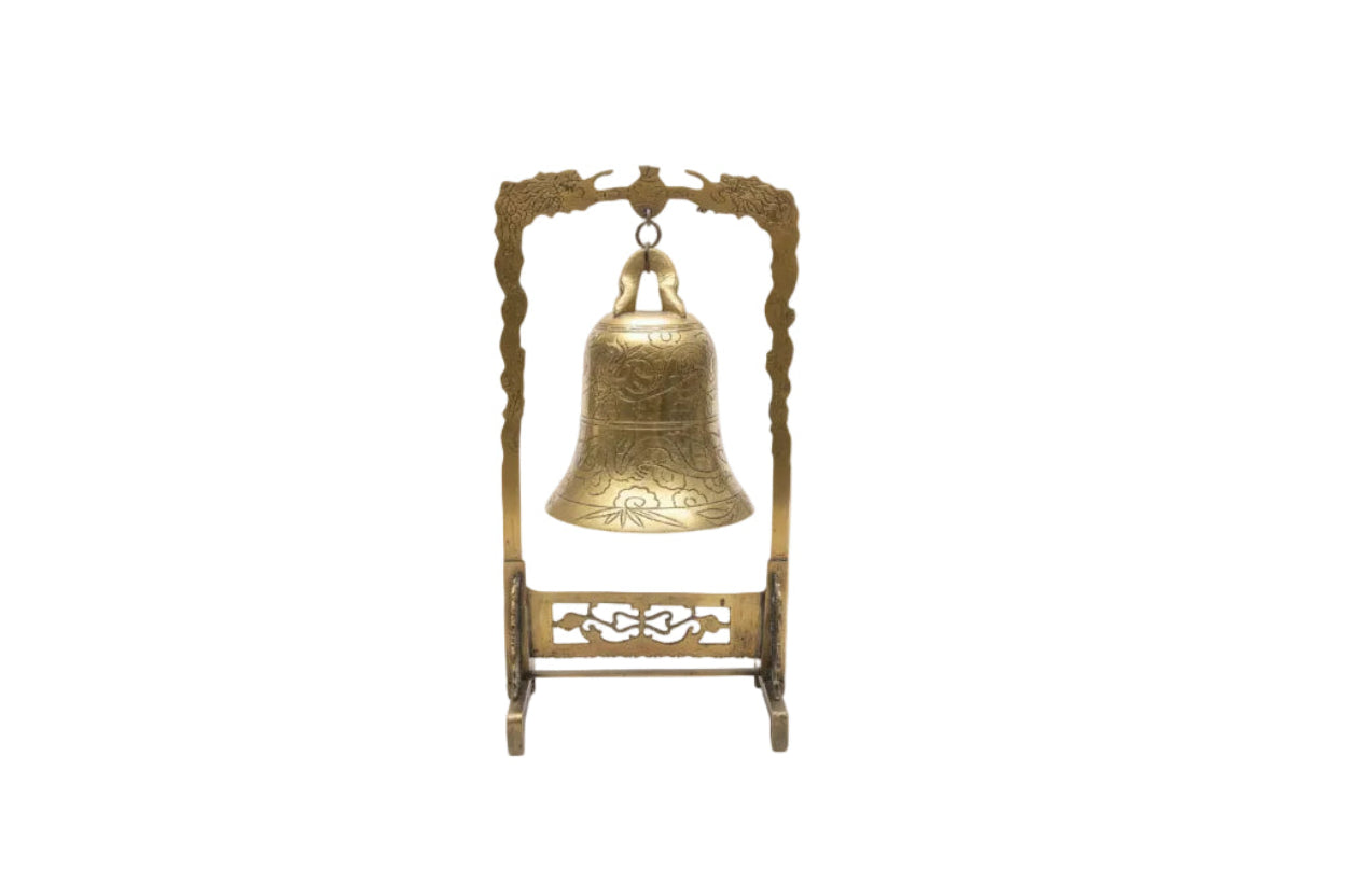 Vintage Brass Dragon Bell on Stand Ornate Asian Tabletop Gong Etched Feng Shui|286945807653