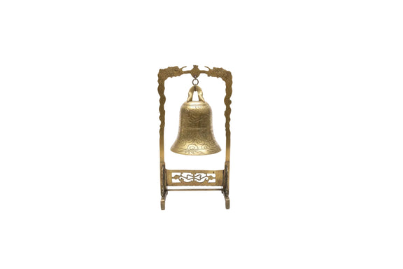 Vintage Brass Dragon Bell on Stand Ornate Asian Tabletop Gong Etched Feng Shui|286945807653