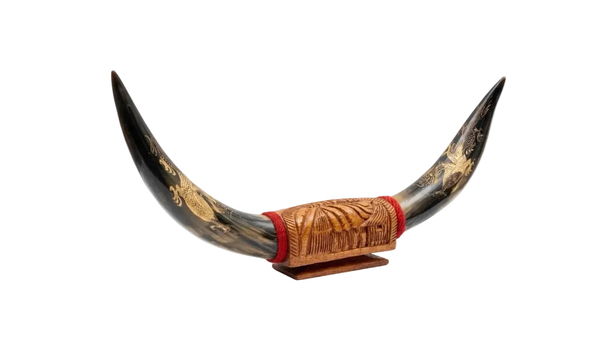 Vintage Hand-Carved Water Buffalo Horn Sculpture - Gold Dragon Etched - Folk Art|287263589202