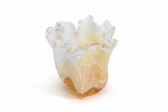Heavy Murano Style Art Glass Vase Amber White Ruffle Handkerchief|286911224385