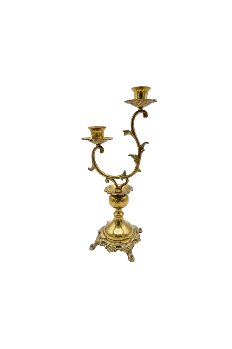 Vintage Pair of Ornate Brass 2-Arm Candelabras | Rococo Style | Scroll & Leaf Design | c.1950s–1970s