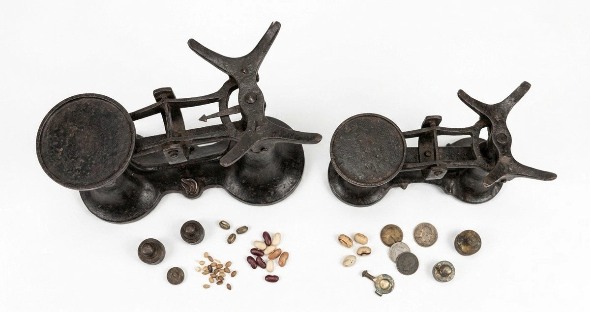 Pair of Antique Cast Iron Balance Scales – Traditional European Counter Scale, UK 1900–1940
