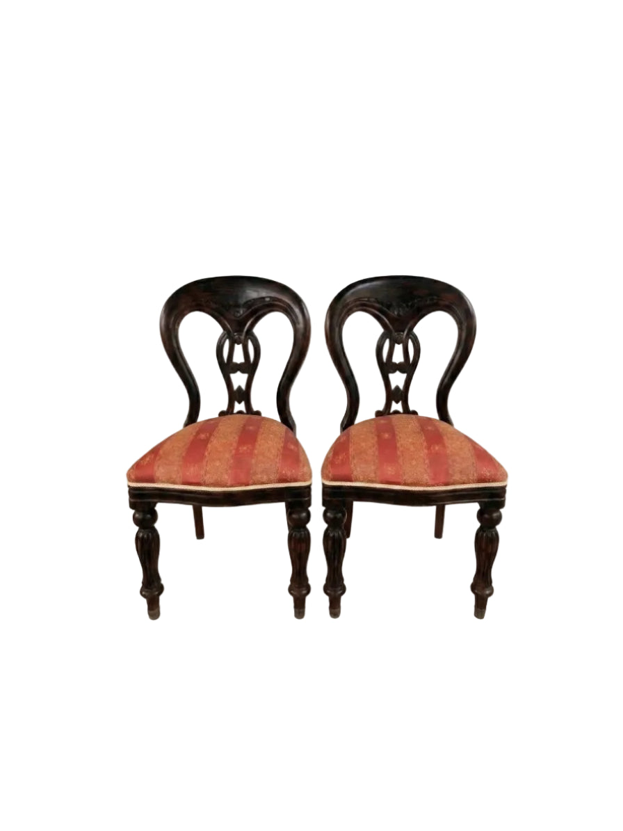 Pair Victorian Balloon Back Dining Chairs — Red Brocade