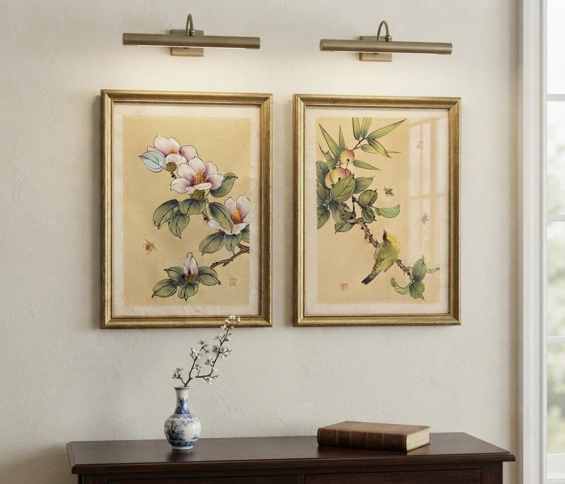 Pair Vintage Chinese Gongbi Silk Paintings Camellia Bee
