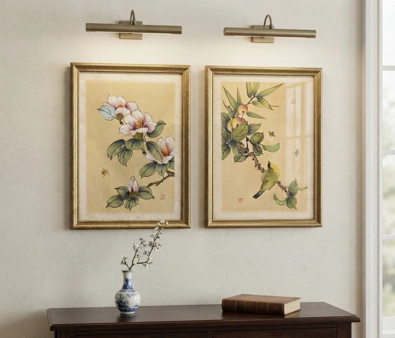 Pair Vintage Chinese Gongbi Silk Paintings Camellia Bee