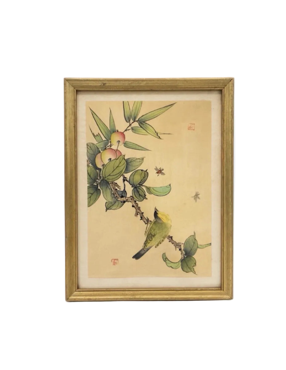 Pair Vintage Chinese Gongbi Silk Paintings Camellia Bee