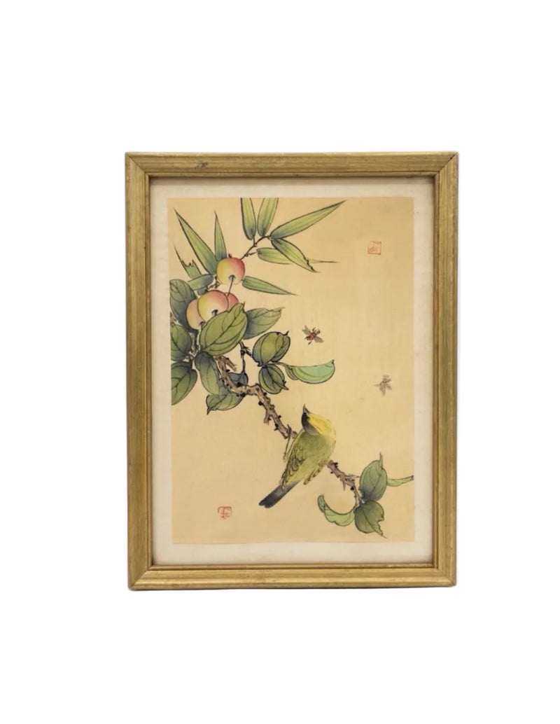 Pair Vintage Chinese Gongbi Silk Paintings Camellia Bee