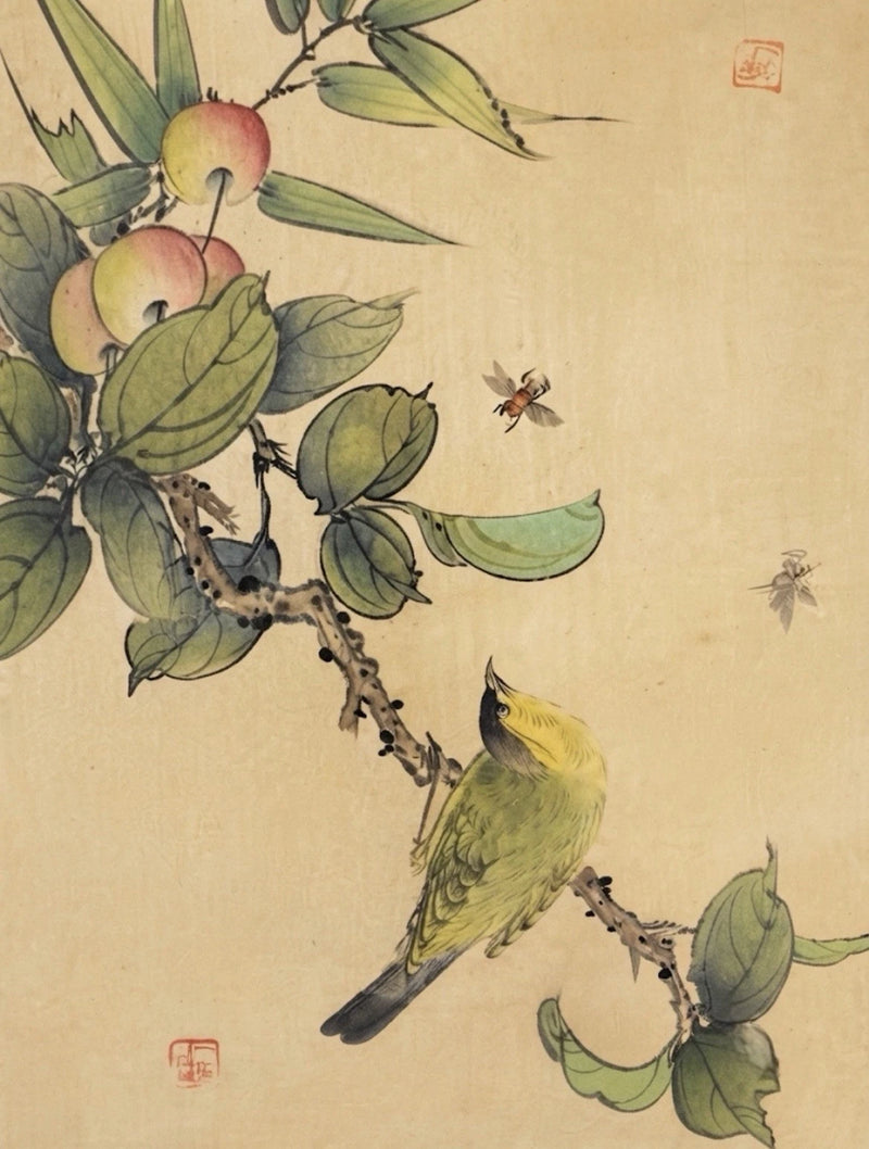 Pair Vintage Chinese Gongbi Silk Paintings Camellia Bee