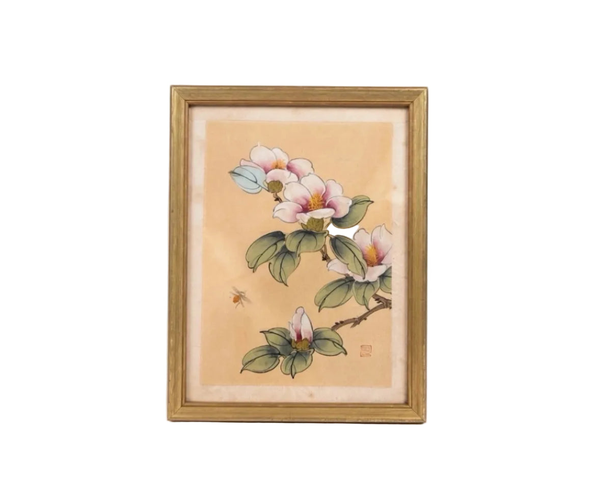 Pair Vintage Chinese Gongbi Silk Paintings Camellia Bee
