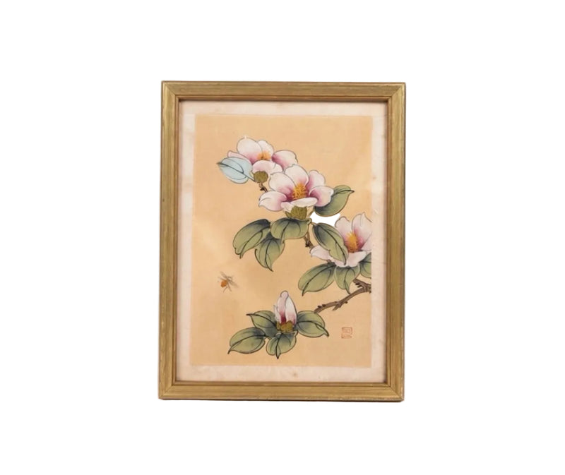 Pair Vintage Chinese Gongbi Silk Paintings Camellia Bee