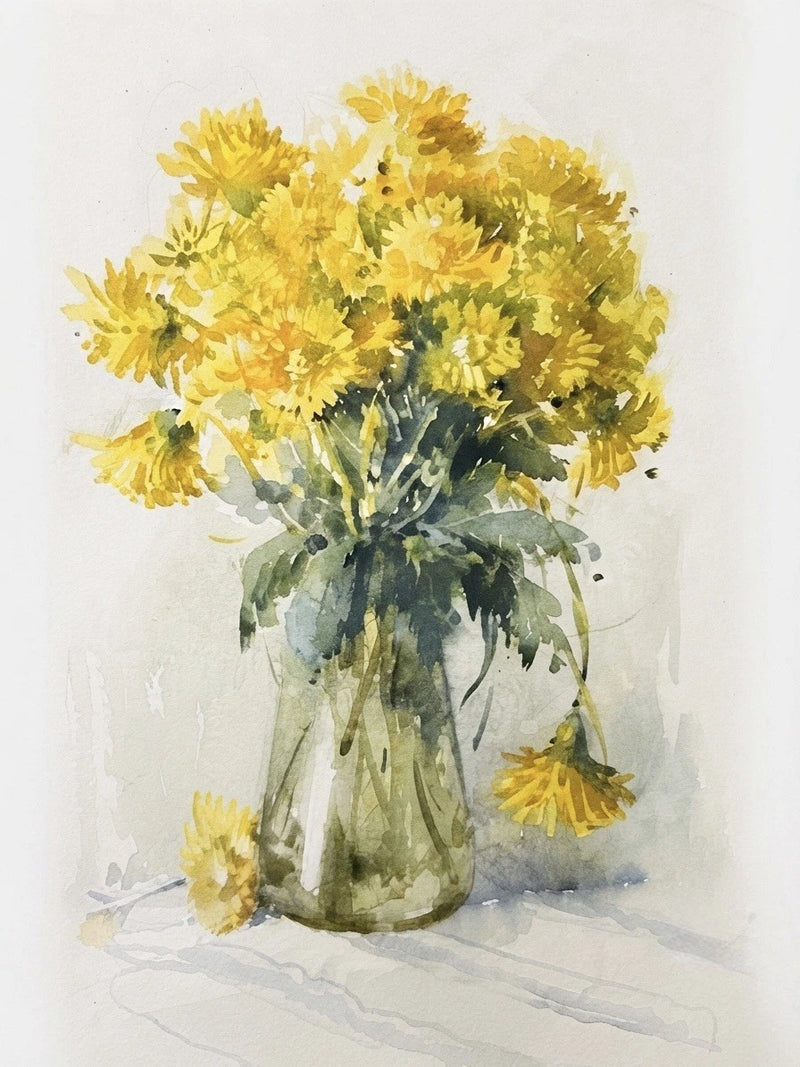 Yellow Floral Bouquet Watercolour Painting Gold Frame